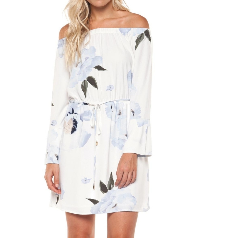 Dex White Off-Shoulder Dress with Light Blue Floral Print and Olive Leaves